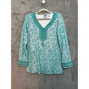 DG2 Diane Gilman Tunic Blouse Medium Turquoise Embroidered Beachy Animal Print